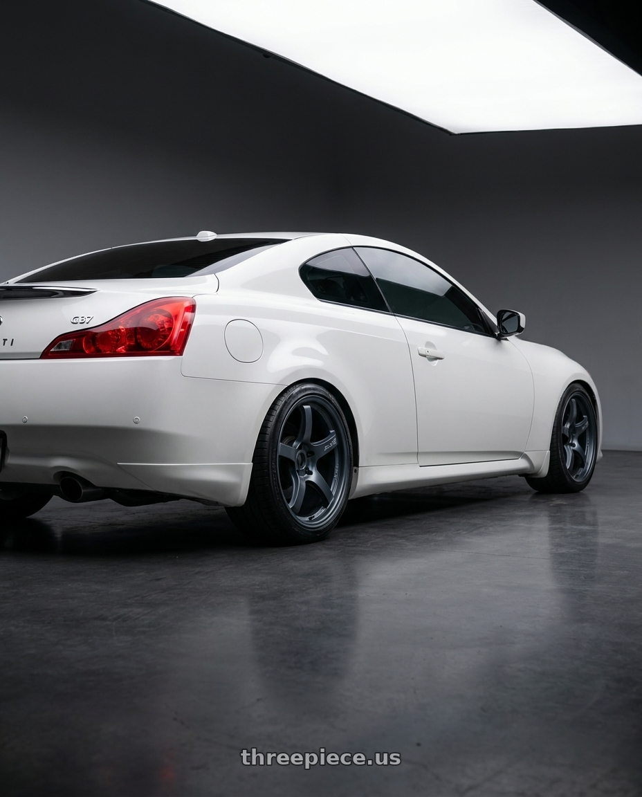 2014 Infiniti G37 Coupe with Gram Lights 57CR 5x114.3 19x10.5+12 Gunblue II wheels rear three quarter view square tires
