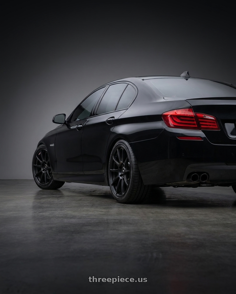 2016 BMW 535i with Ssr Gtv02 5x114.3 18x9+45  FLAT BLACK wheels rear three quarter view square tires