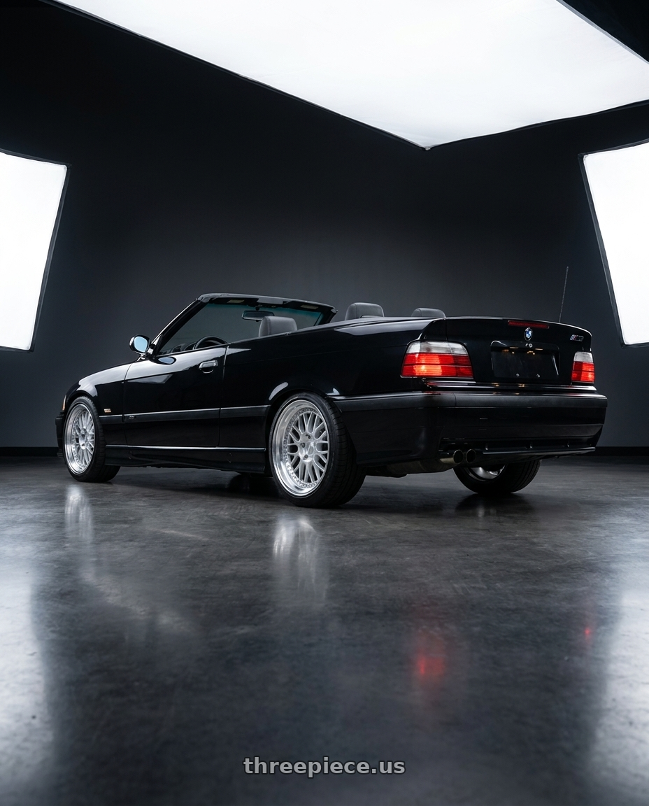 1998 BMW M3 convertible black with ESR Wheels SR SERIES SR01 5x100 17x8.5 +30 Hyper Silver wheels rear three quarter view square tires