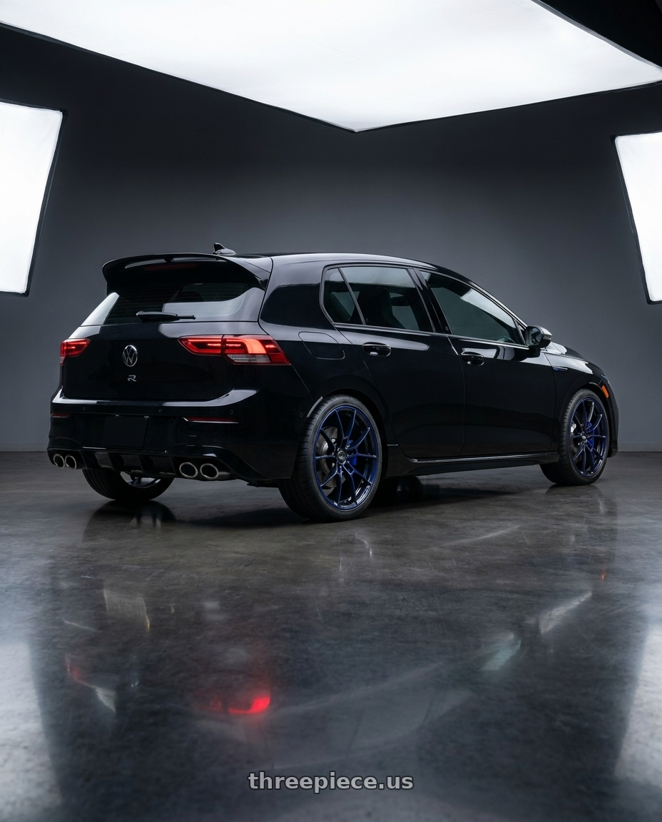 2026 VW GOLF R with Volk Racing G025 DB/C 5x112 18x8.5 +42 DARK BLUE / DC wheels rear three quarter view square tires