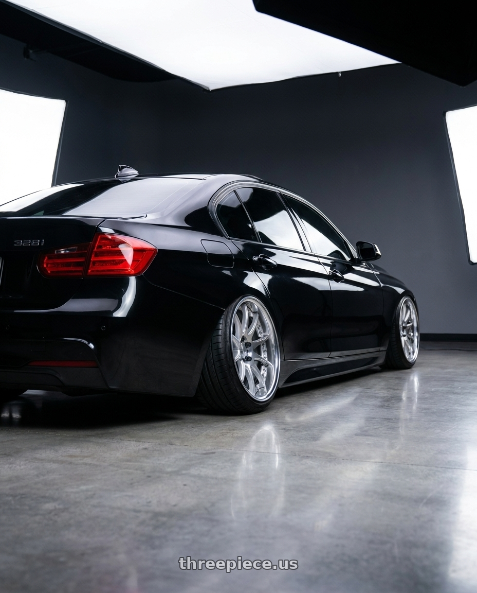2016 bmw 328i xdrive with Work Emotion Cr 3P 5x120 18x9+39 R Disk Burning Silver wheels rear three quarter view slight stretch tires