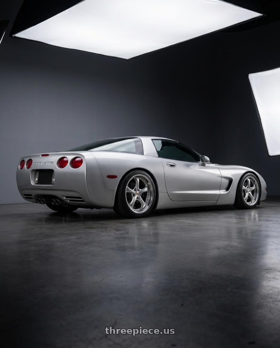 2000 Chevrolet corvette with Work Wheels VS-KF 5x120.65 19x10.5-11 Light Grey Silver O Disk FULL REVERSE wheels rear three quarter view square tires