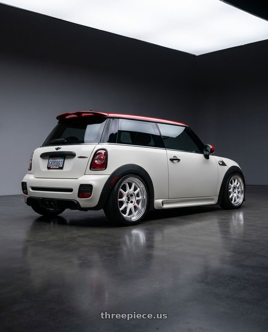 2013 mini cooper JCW with Work Emotion Rs11 2p 4x100 17x7 45 white wheels rear three quarter view square tires