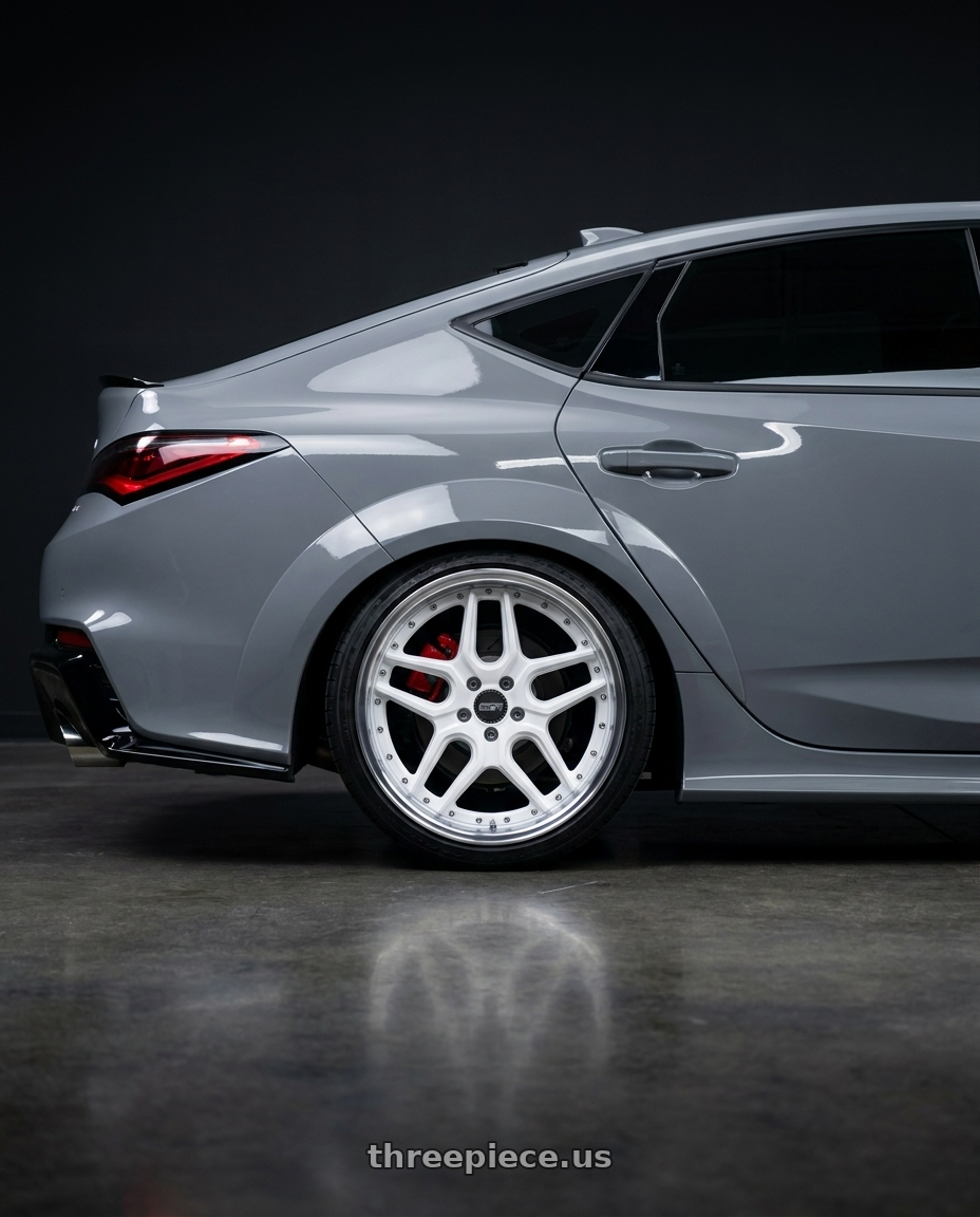 2026 acura integra type s with ESR Wheels CS SERIES CS15 5x120 19x9.5 +35 Gloss White wheels rear three quarter view slight stretch tires