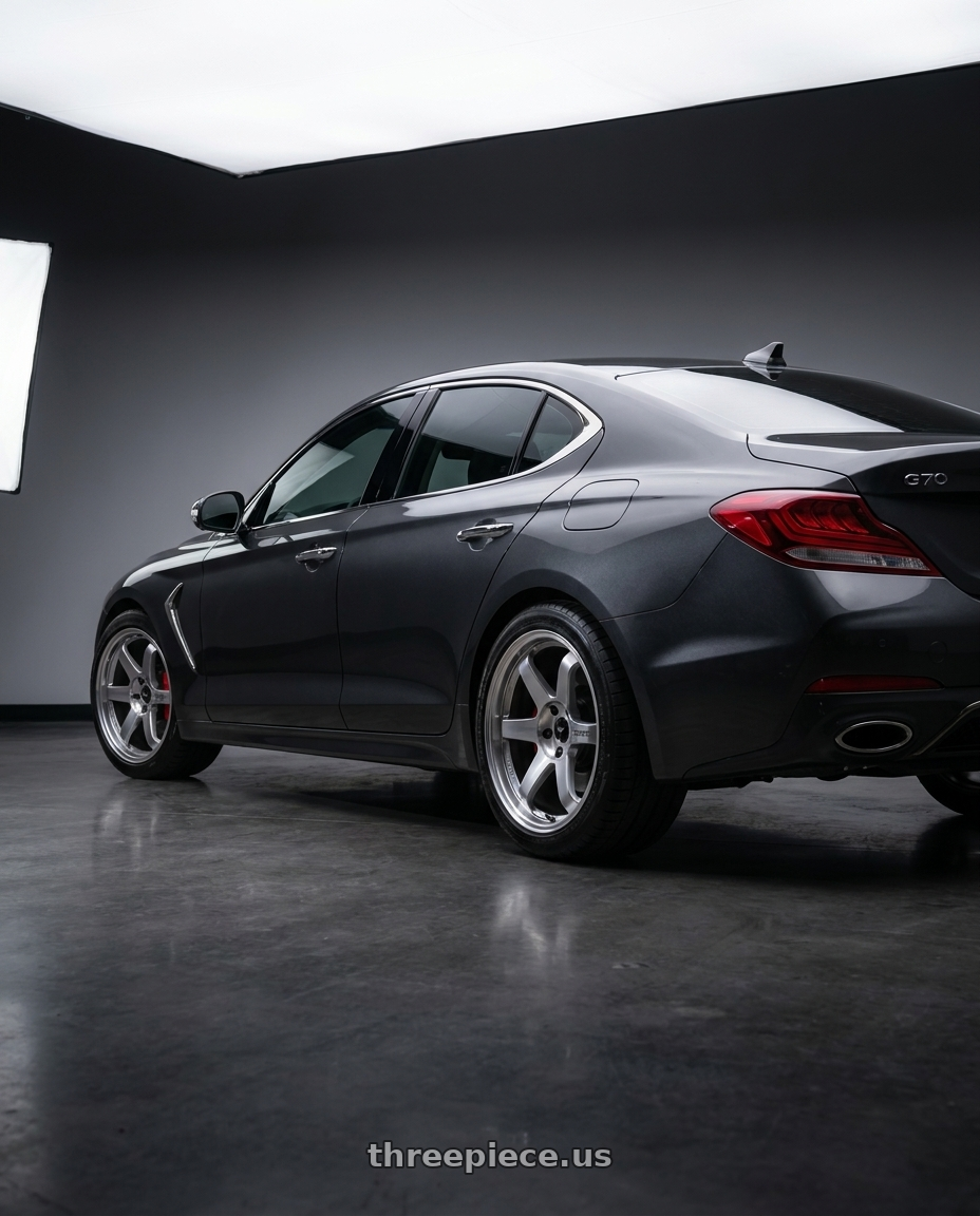 2019 Genesis G70 with Volk Racing TE37 ULTRA LARGE PCD 6x139.7 20x9.5+0 Diamond Silver wheels rear three quarter view square tires