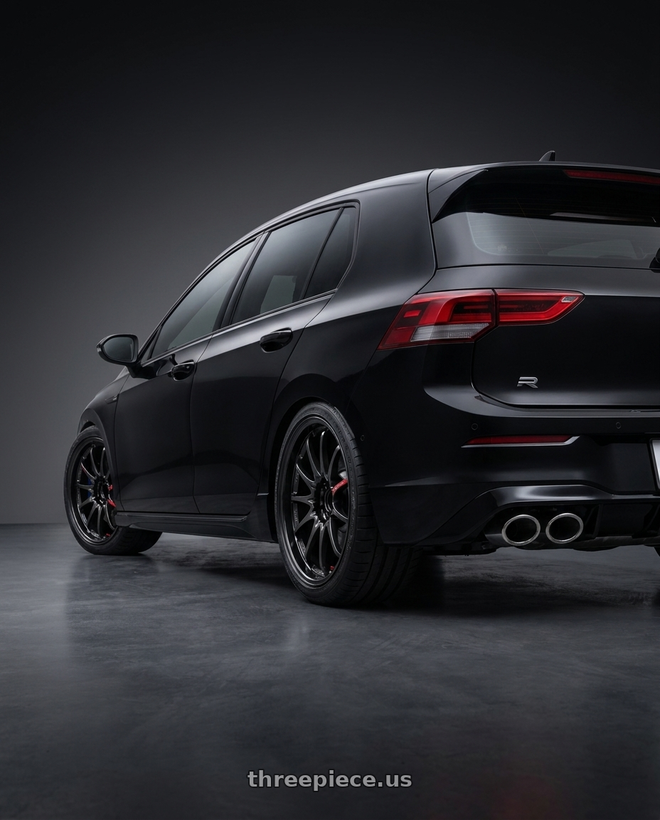 2024 VW golf 8R with Volk Racing CE28 Club Racer II 5x112 18x8.5+44 Black Edition wheels rear three quarter view square tires
