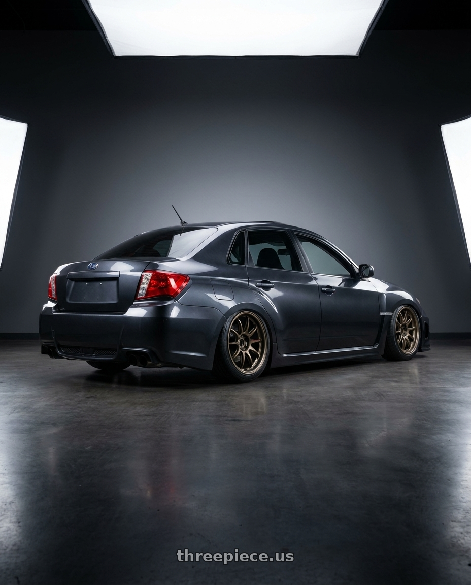 2011 Subaru WRX with Work Zr10 2P 5x114.3 18x8.5 +45 Matte Bronze wheels rear three quarter view slight stretch tires