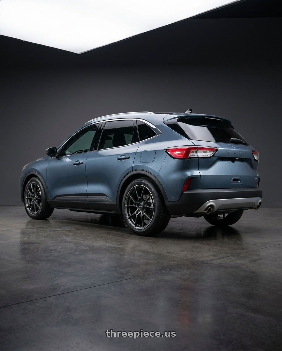 2023 ford kuga with Volk Racing G025 5x100 18x7.5+48 Matte Gunblack / Rim Edge DC wheels rear three quarter view square tires