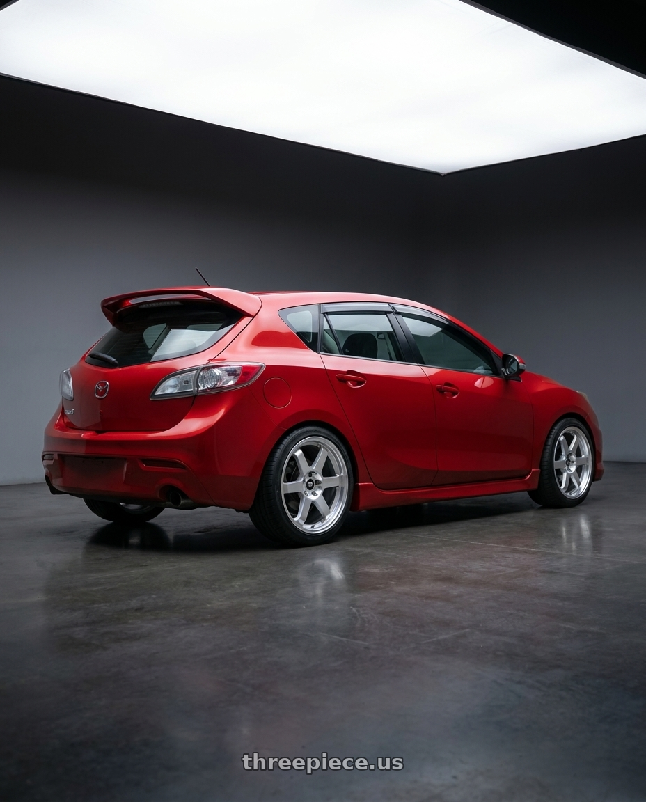 2012 Mazda Mazdaspeed 3 Red with MST Wheels Time Attack 5X114.3 18X8.5 +40 Machined wheels rear three quarter view square tires