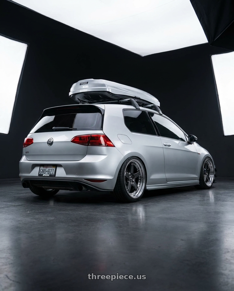 2015 VW GTI with Work Zistance W5s 5x112 19x9+35 w disk Brilliant Silver Black wheels rear three quarter view square tires