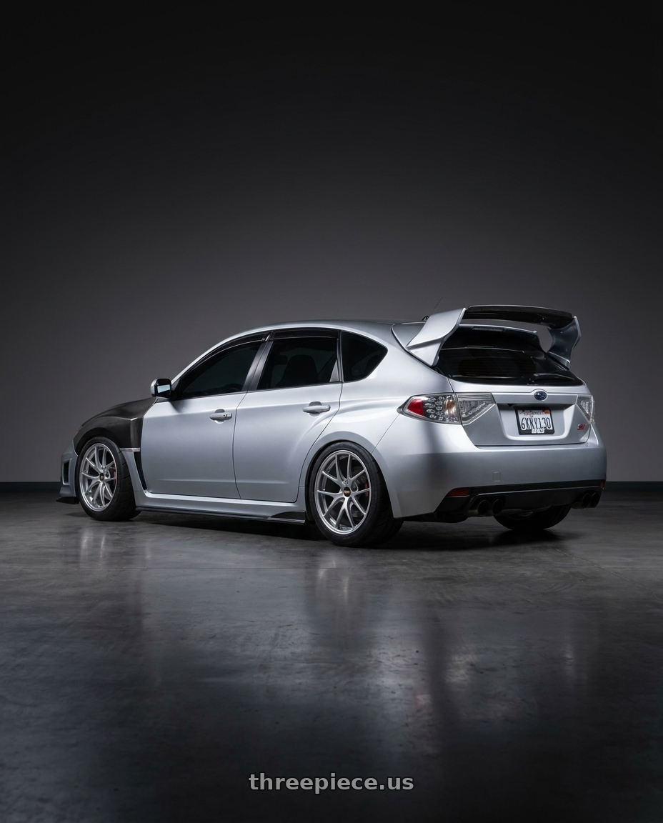 2013 subaru wrx sti with BBS RI-A 5x114.3 18x9.5 +22 Diamond Silver wheels rear three quarter view meaty tires
