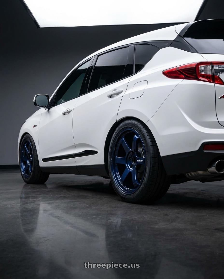 2021 Acura Rdx White Aspec with Volk Racing TE37 ULTRA M-SPEC 5x114.3 20x9.5 +28 MAG BLUE wheels rear three quarter view square tires