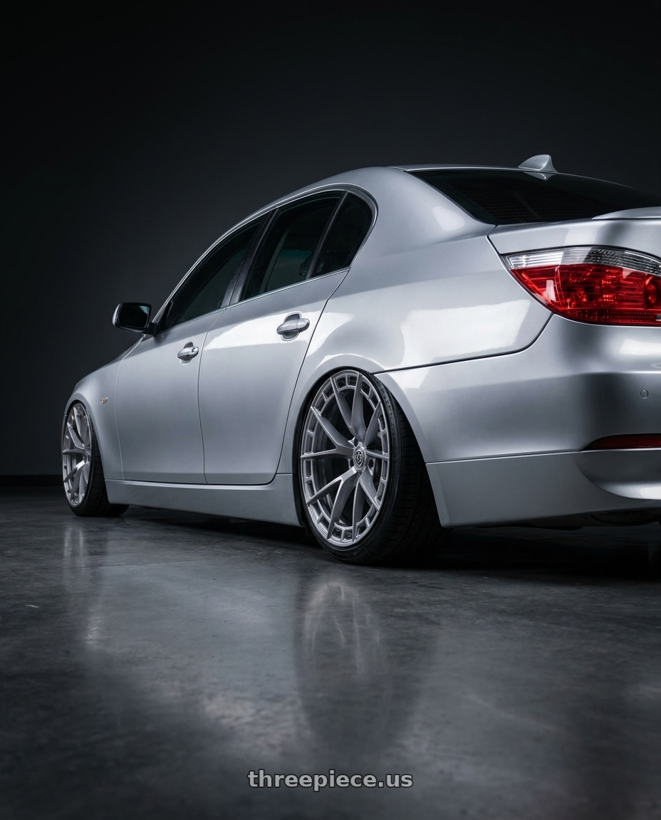 2007 Bmw e60 with TIS Motorsports 504S 5x114.3 17x7.5 +35 Gloss Silver wheels rear three quarter view slight stretch tires