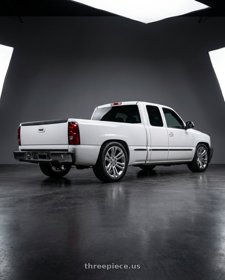 2004 Chevrolet Silverado with OE Wheels CV43B 6x139.7 22x9+24 Hyper wheels rear three quarter view square tires