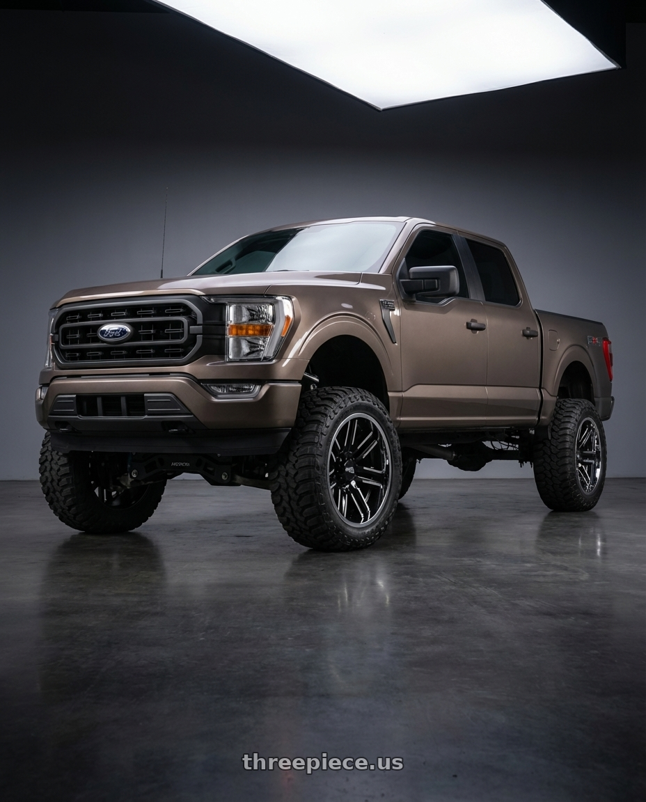 2013 Ford F-150 with Moto Metal MO202 6X135 22X12 -44 GLOSS BLACK MACHINED CENTER CHROME LIP wheels front three quarter view lifted stance