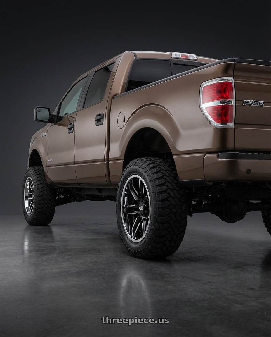 2013 Ford F-150 with Moto Metal MO202 6X135 22X12 -44 GLOSS BLACK MACHINED CENTER CHROME LIP wheels rear three quarter view meaty tires