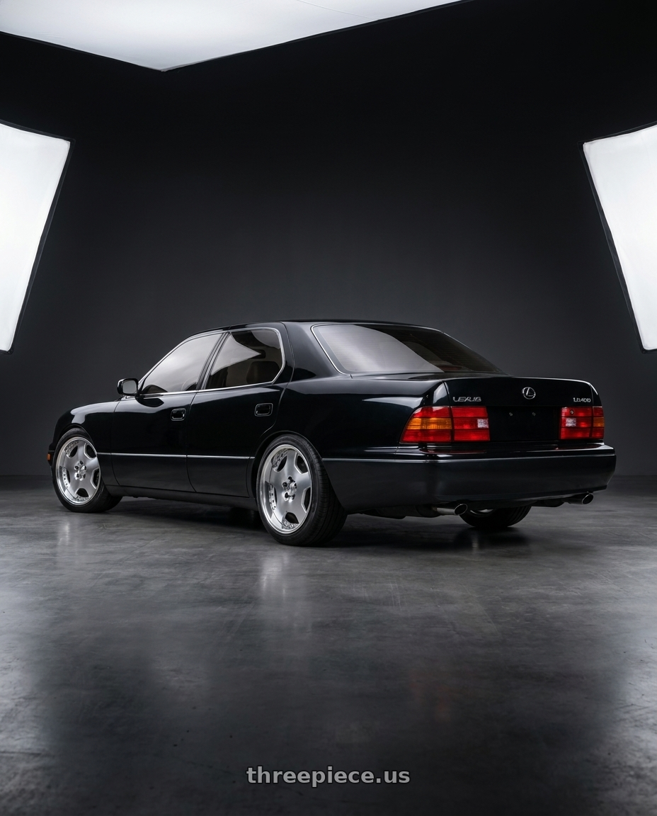 1994 Lexus ls400 with Work Lanvec Ld1 5x114.3 18x7.5+45 O Disk Machine Silver Polish wheels rear three quarter view slight stretch tires