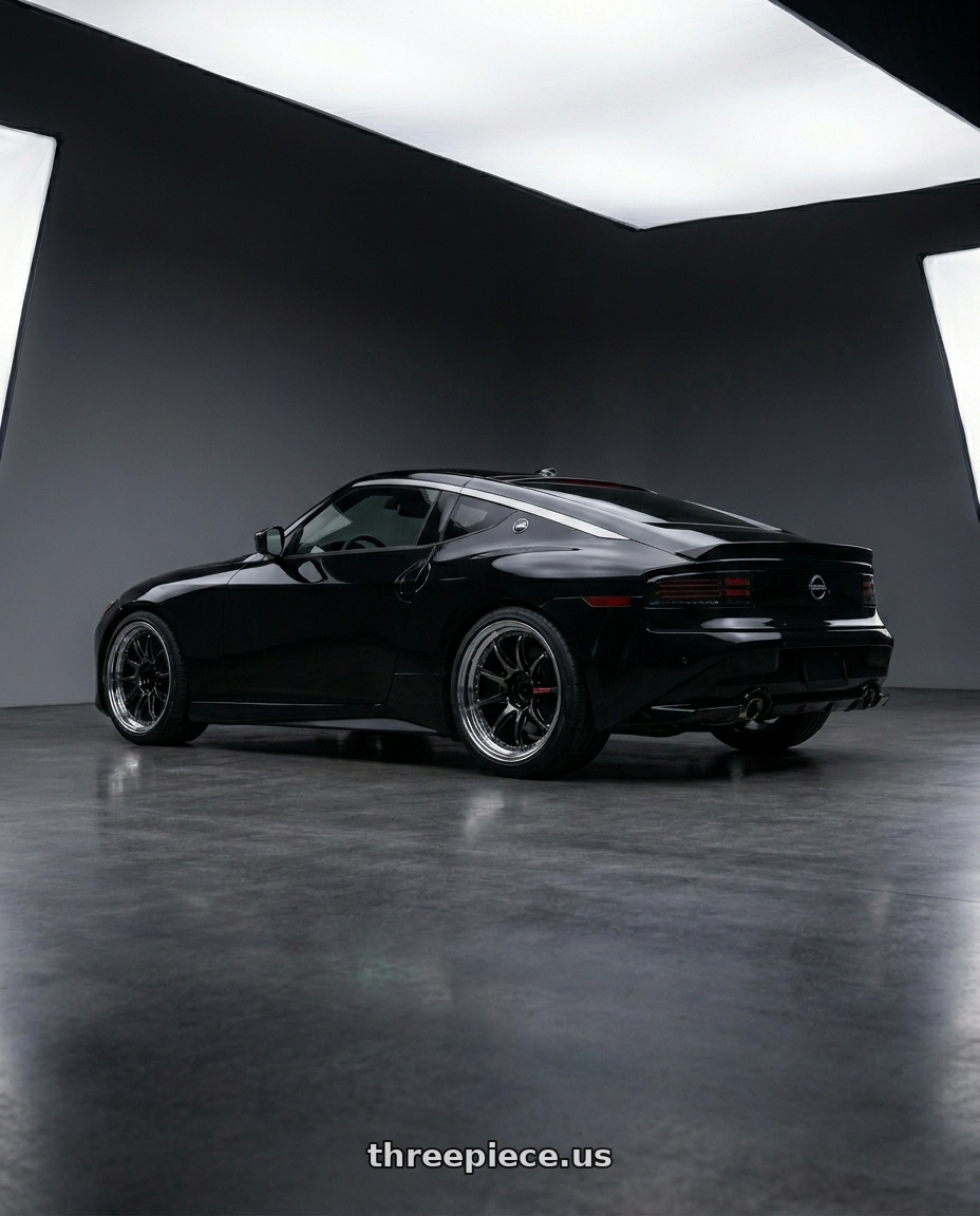 Nissan Z Performance 2024 with Work Emotion Zr10 5x114.3 19x10.5 +15 Glim Black Diamond Rim cut wheels rear three quarter view square tires