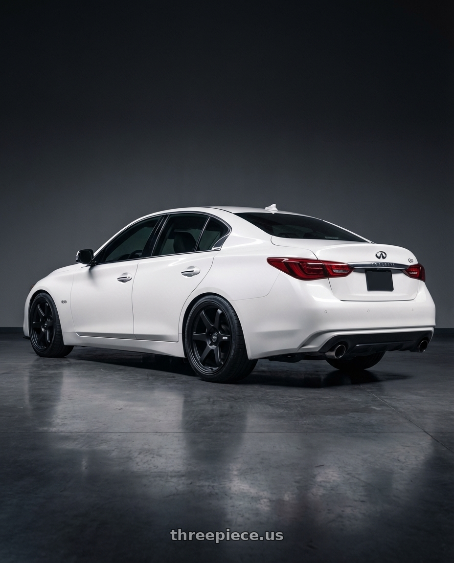 2020 Infiniti Q50 with ESR Wheels APEX SERIES AP6 5x114.3 19x9.5 +22 Matte Black wheels rear three quarter view square tires