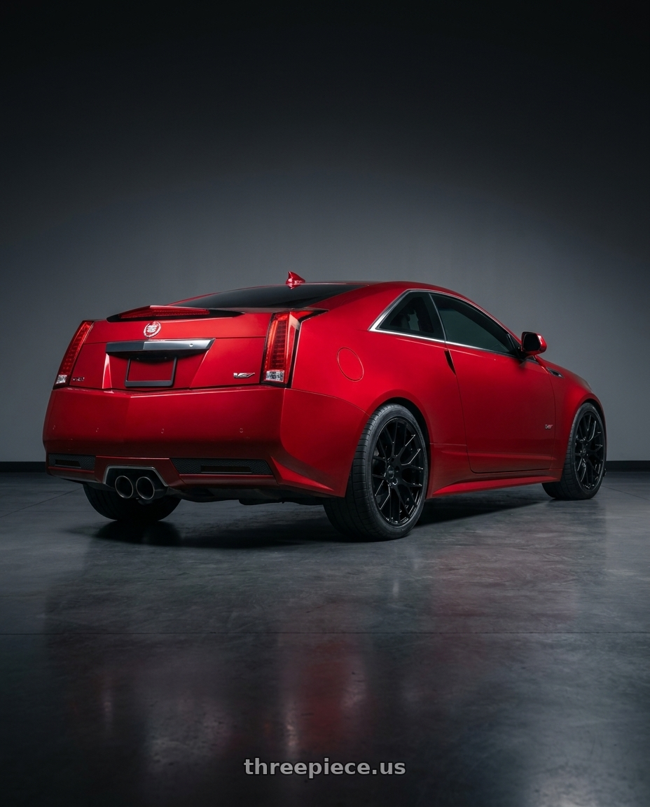 2011 Cadillac CTS-V red with Petrol P2B 5X100 15X7 +40 GLOSS BLACK wheels rear three quarter view square tires
