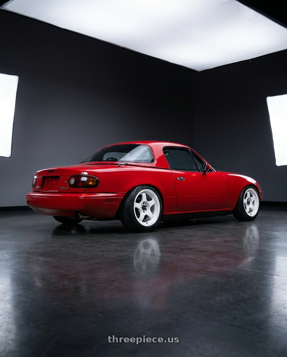 1990 Mazda miata with Vors SP1 4x108 15x8  +20 All White wheels rear three quarter view slight stretch tires