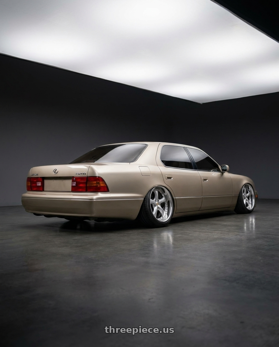 1999 Lexus Ls400 with Work Wheels VS-KF 5X114.3 19x8+40 Light Grey Silver A Disk FULL REVERSE wheels rear three quarter view extreme stretch tires