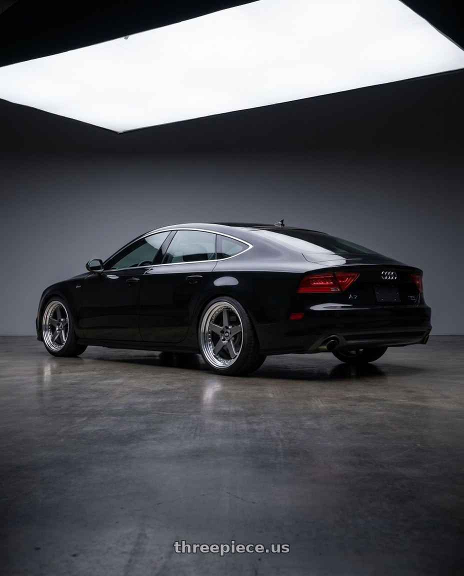 2012 audi A7 with Work Zistance W5s 5x112 20x9+35 w disk Brilliant Silver Black wheels rear three quarter view square tires