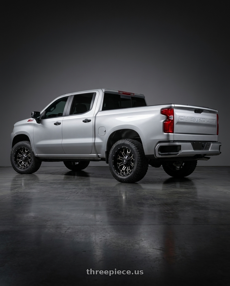 2026 Chevrolet Silverado 1500 with Fuel 1PC D561 CRUSH 5X114.3/5X127 17X9 +1 GLOSS MACHINED DOUBLE DARK TINT wheels rear three quarter view square tires