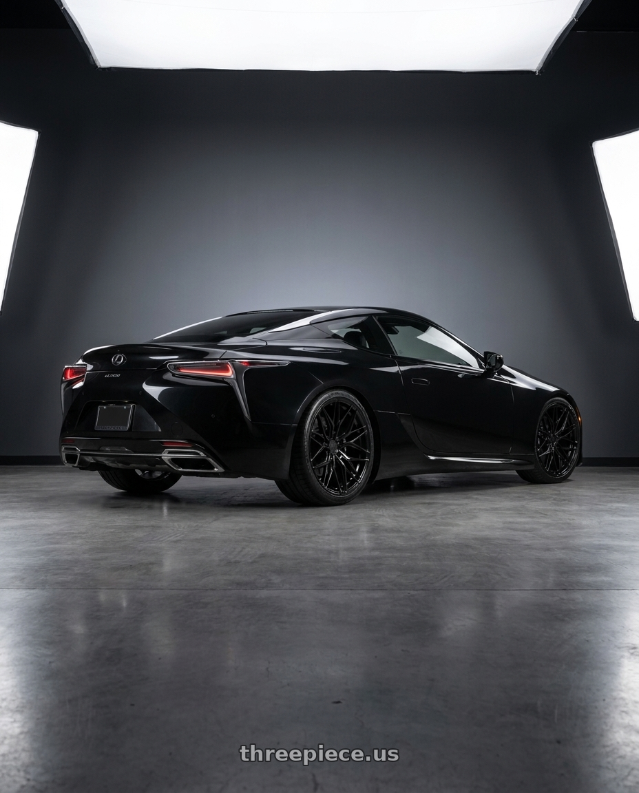 2018 Lexus LC500 with Rohana RFX17 5x120 21x9 +30 Gloss Black wheels rear three quarter view square tires