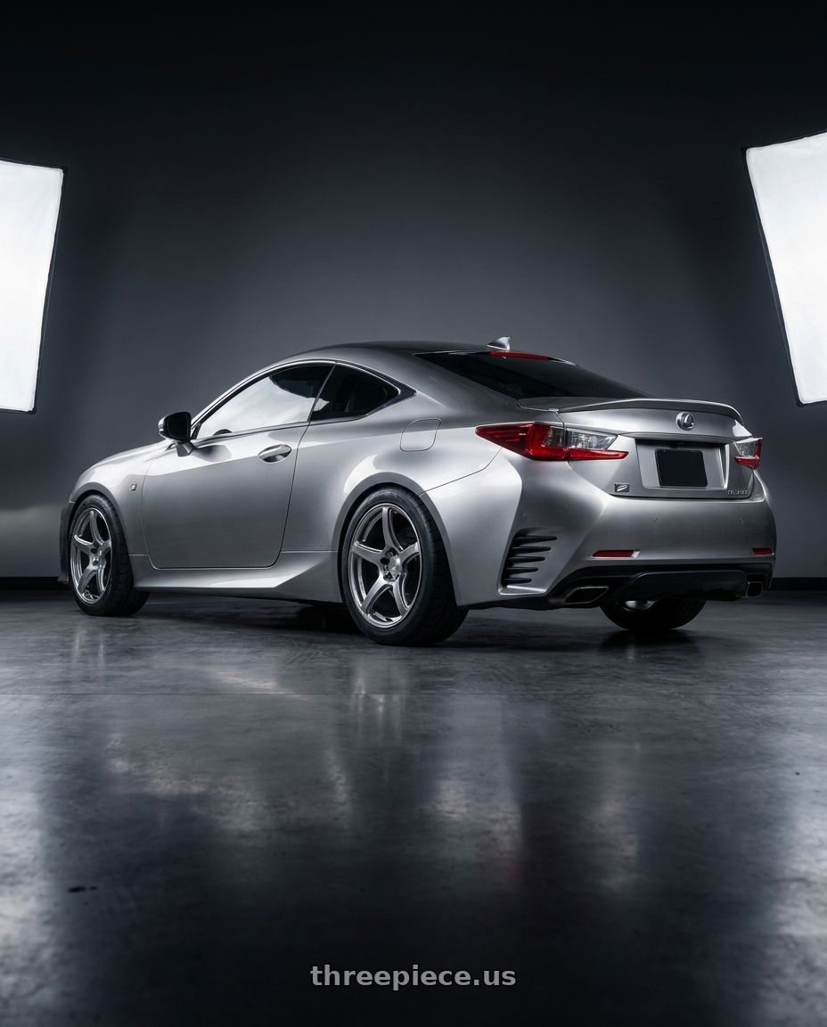 2016 Lexus RC 350 F Sport with Work Emotion T5r 5x114.3 19x9.5 +35 Glow Silver wheels rear three quarter view meaty tires