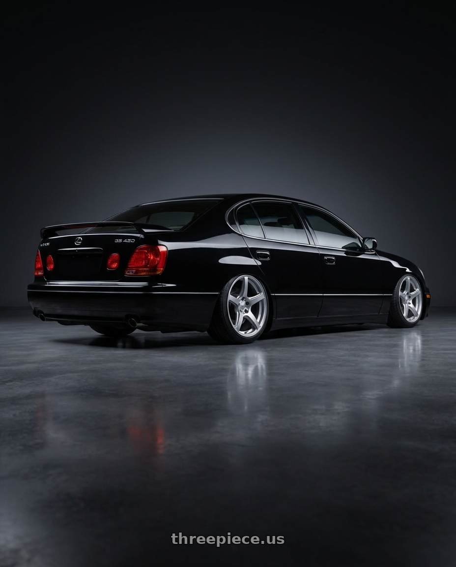2003 lexus gs 430 black with Work Emotion T5r 5x114.3 18x8.5 +35 Glow Silver wheels rear three quarter view slight stretch tires