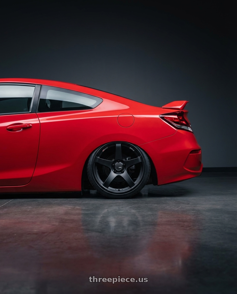 2015 Honda Civic Si with Ssr Gtv01 5x114.3 18x9+35  FLAT BLACK wheels rear three quarter view slight stretch tires