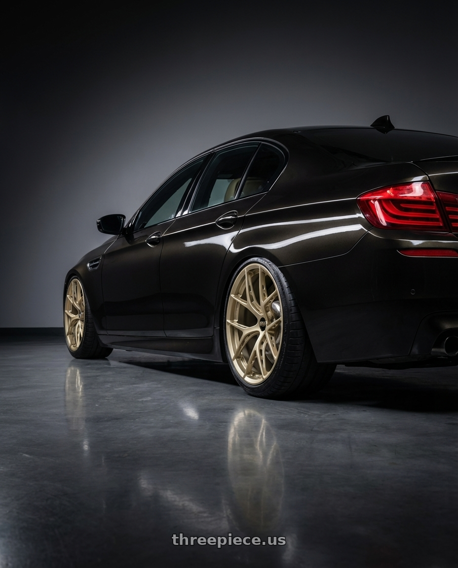 2013 BMW M5 Citrin Black Metallic with BBS FI-R Evo 5x112 19x9.5+15 White Gold wheels rear three quarter view slight stretch tires