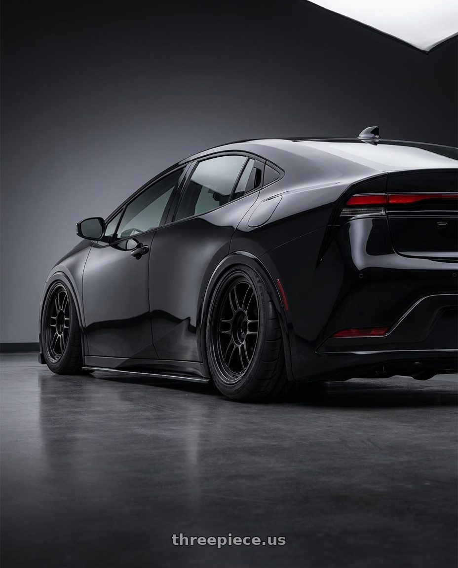 2025 Toyota Prius  with Enkei RPF1 4x100 15x7+35 Black wheels rear three quarter view meaty tires