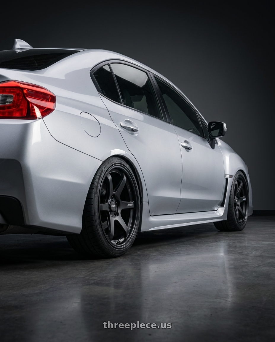 2026 Subaru, WRX Limited, Ice Sliver Metallic with ESR Wheels APEX SERIES AP6 5x114.3 18x9.5 +35 Matte Black wheels rear three quarter view square tires