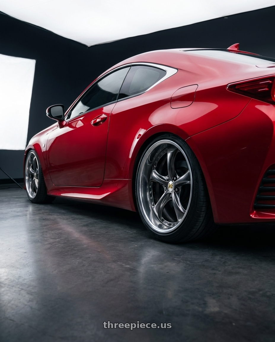 2017 Lexus rc350 F Sport with Work Wheels VS-KF 5x98 19x9-4 Brilliant Silver Black O Disk FULL REVERSE wheels rear three quarter view slight stretch tires