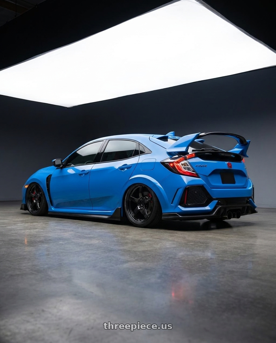 2020 Honda Civic Type R with Gram Lights 57CR 5x120 19x10.5+35 Glossy Black wheels rear three quarter view slight stretch tires