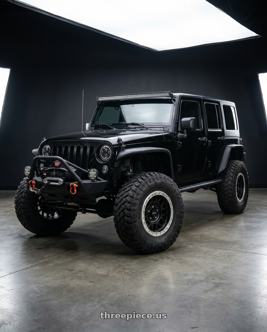 2015 Jeep Wrangler Unlimited with KMC KM234 GRENADE DESERT BEADLOCK BLANK 17X8.5 +0 SATIN BLACK wheels