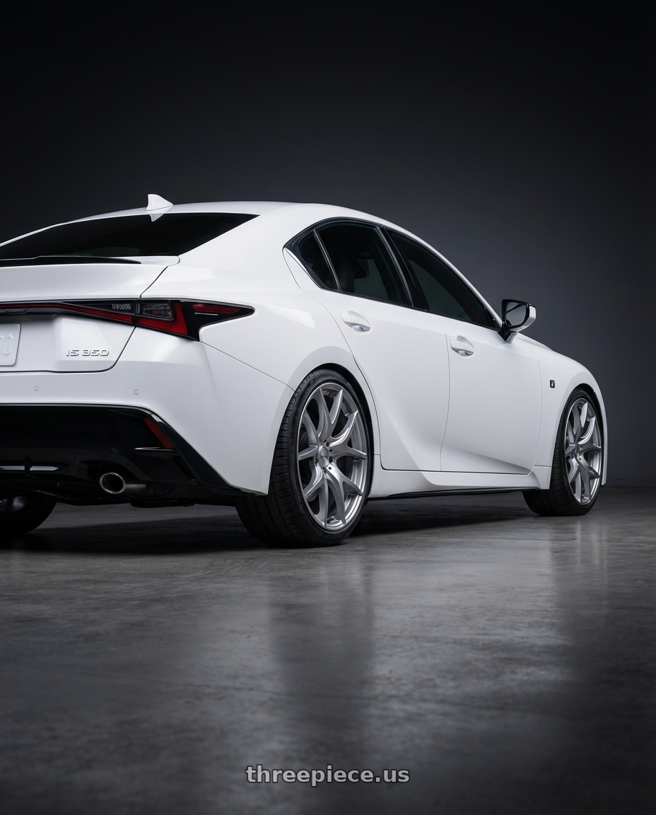 2024 Lexus IS 350 with Ssr Gtv03 5x114.3 19x8.5+38  GLARE SILVER wheels rear three quarter view square tires