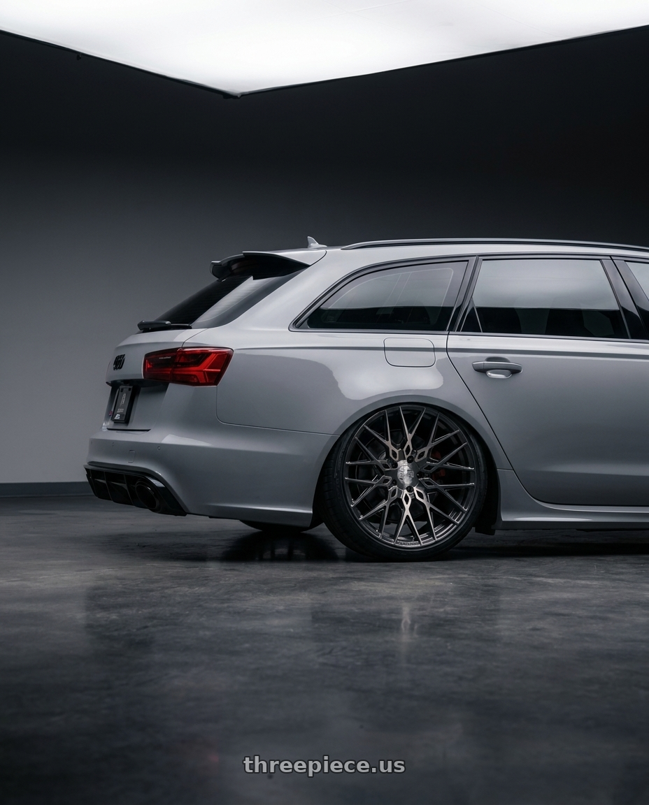 2017 audi rs6 with XO PHOENIX 5X120 19X8.5 +35 GUNMETAL W/ BRUSHED GUNMETAL FACE wheels rear three quarter view slight stretch tires