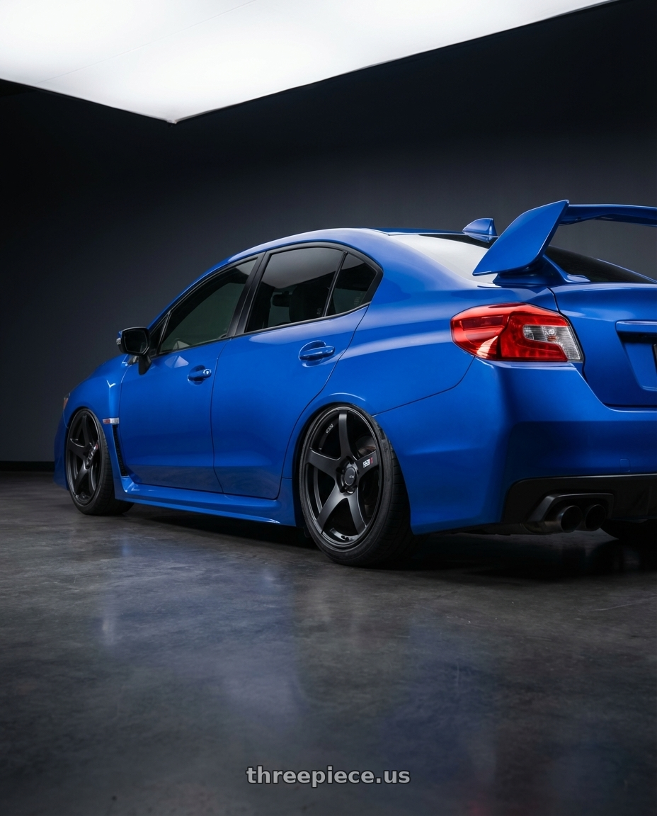 2013 Subaru WRX STI with Ssr Gtv01 5x114.3 18x8+35  FLAT BLACK wheels rear three quarter view slight stretch tires