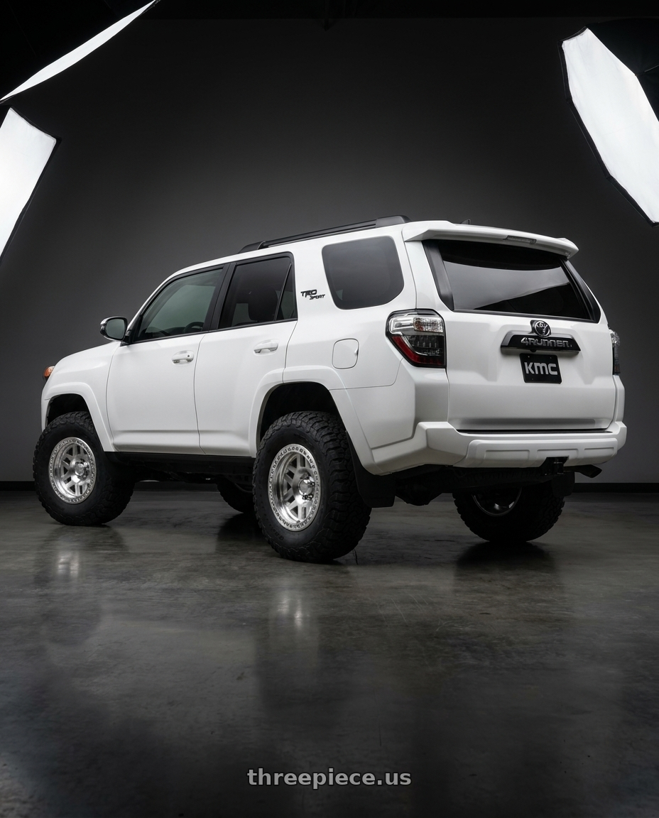 2022 Toyota 4Runner with KMC KM229 MACHETE CRAWL BEADLOCK 6X139.7 17X9 -38 MACHINED wheels rear three quarter view meaty tires