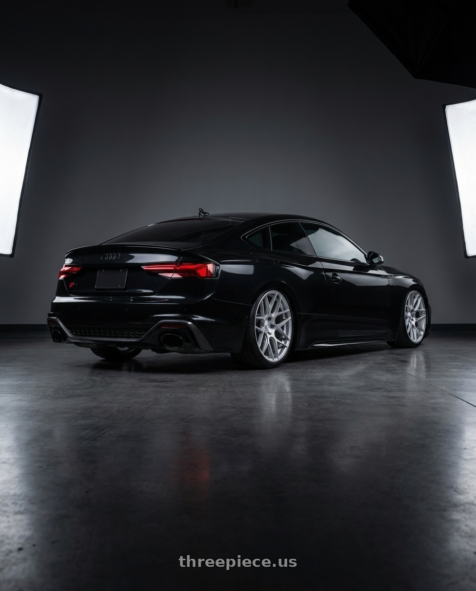 2022 Audi RS5 with Aodhan AFF2 5x112 20x9+30 Gloss Silver Machined Face wheels rear three quarter view slight stretch tires