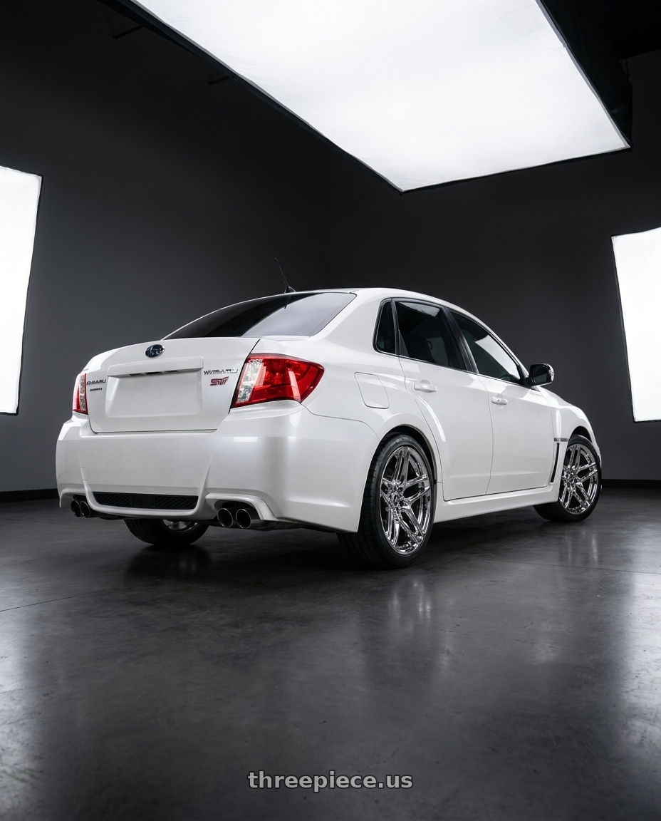 2013 subaru wrx sti with HERITAGE WHEEL EBISU MONOC 5x120 19x9.5 +38 CHROME wheels rear three quarter view square tires