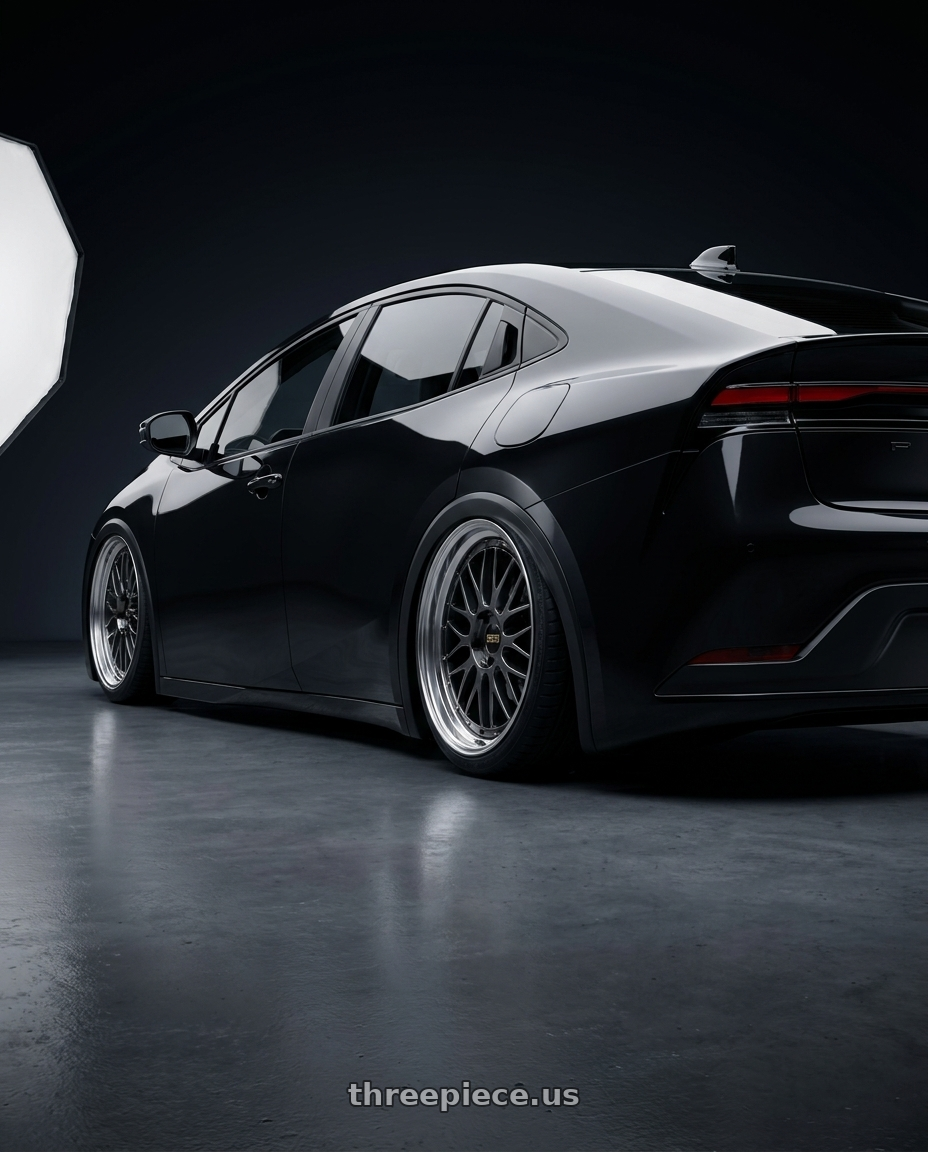 2027 Toyota prius with BBS LM 5x114.3 17x7.5+38 Diamond Black wheels rear three quarter view slight stretch tires