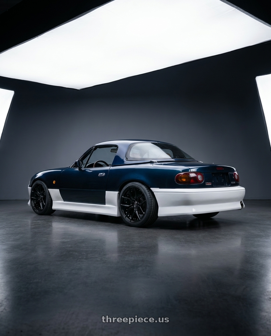 1996 MX-5 NA with MARQUEE WHEELS M1000 5x115 20x9+15 GLOSS BLACK wheels rear three quarter view square tires