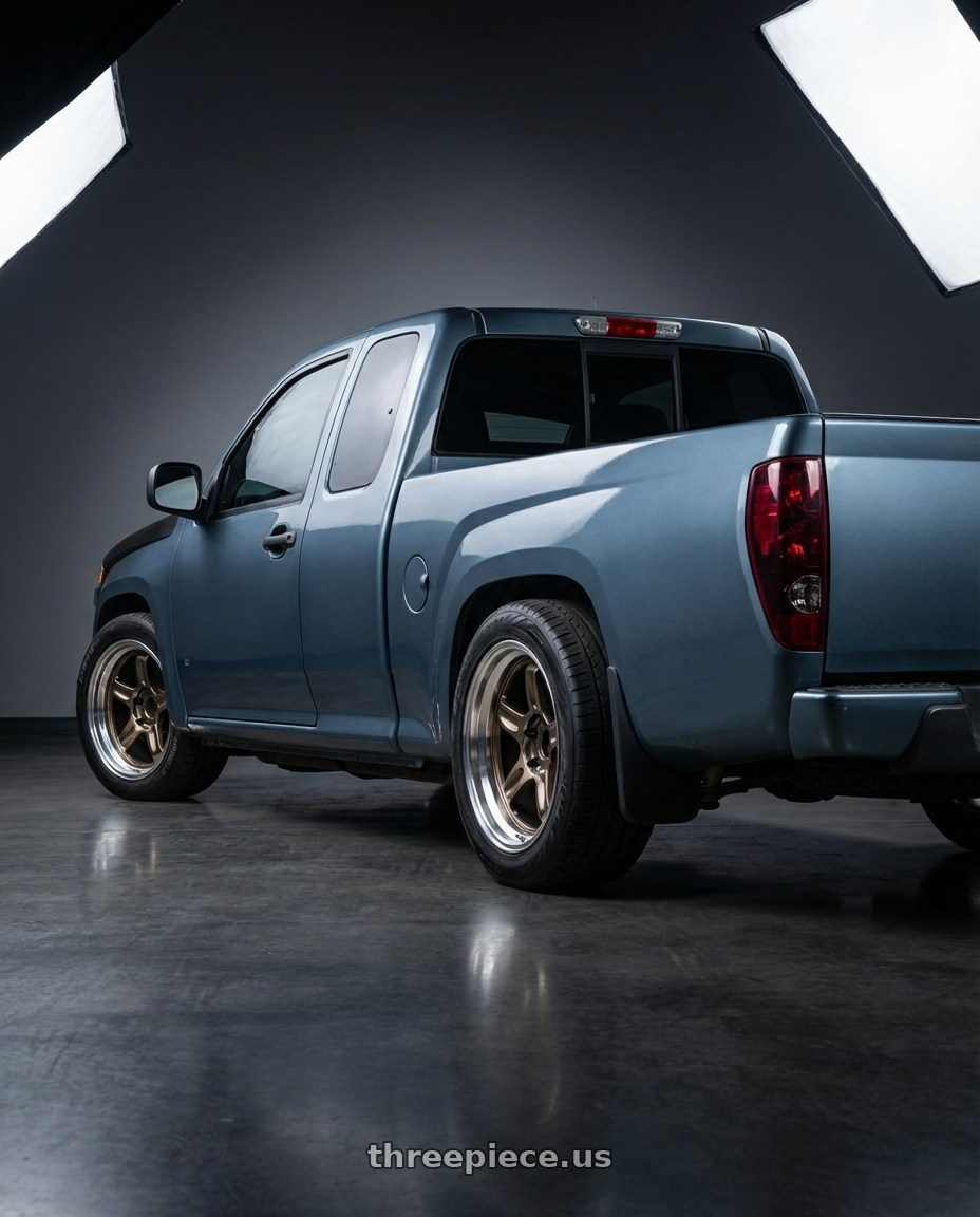 2007 GMC Canyon with Volk Racing 21C SPEC-SR 5x114.3 18x10.5 +15 SHINING BRONZE METAL / RIM DC wheels rear three quarter view meaty tires