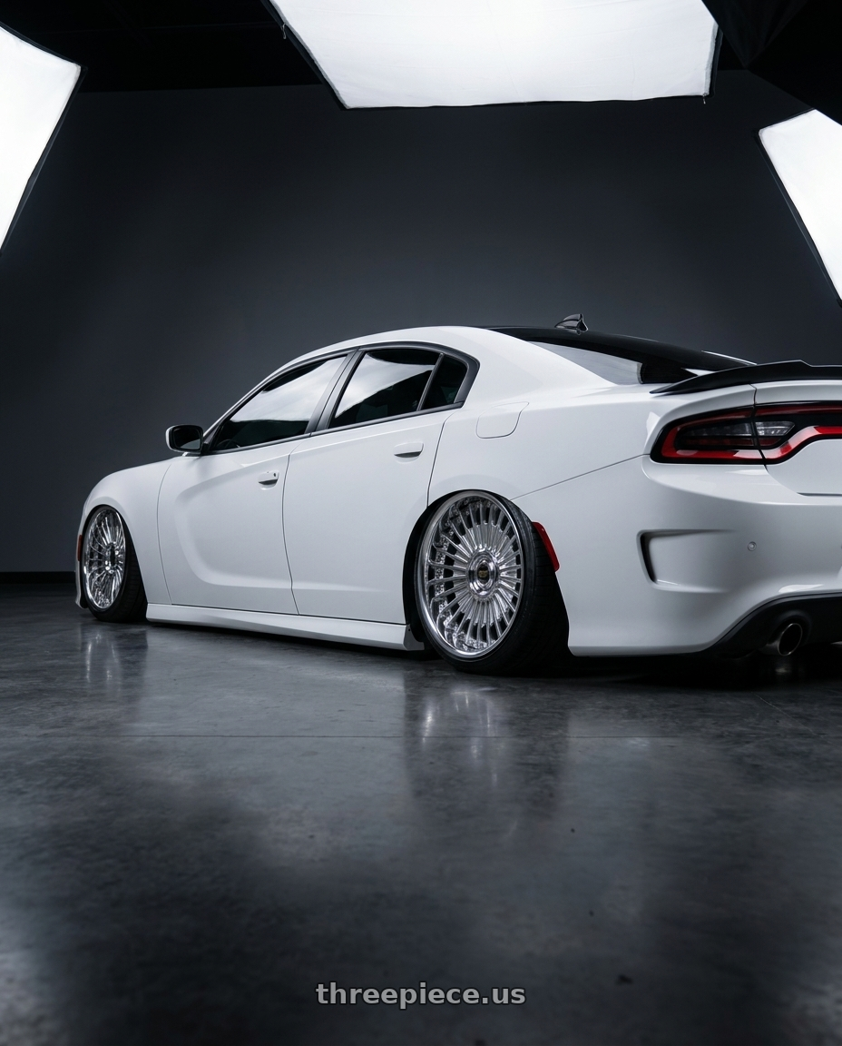 2021 Dodge Charger ScatPack with Work Emitz wheels rear three quarter view slight stretch tires