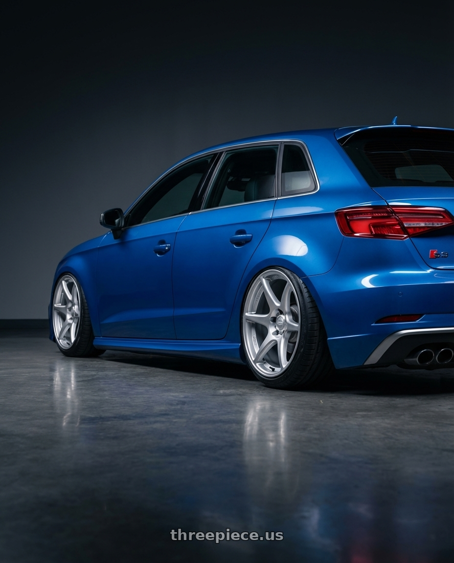 2019 Audi S3 8V with Kansei K11S Tandem 5X112 19x9.5 22 Hyper Silver wheels rear three quarter view slight stretch tires