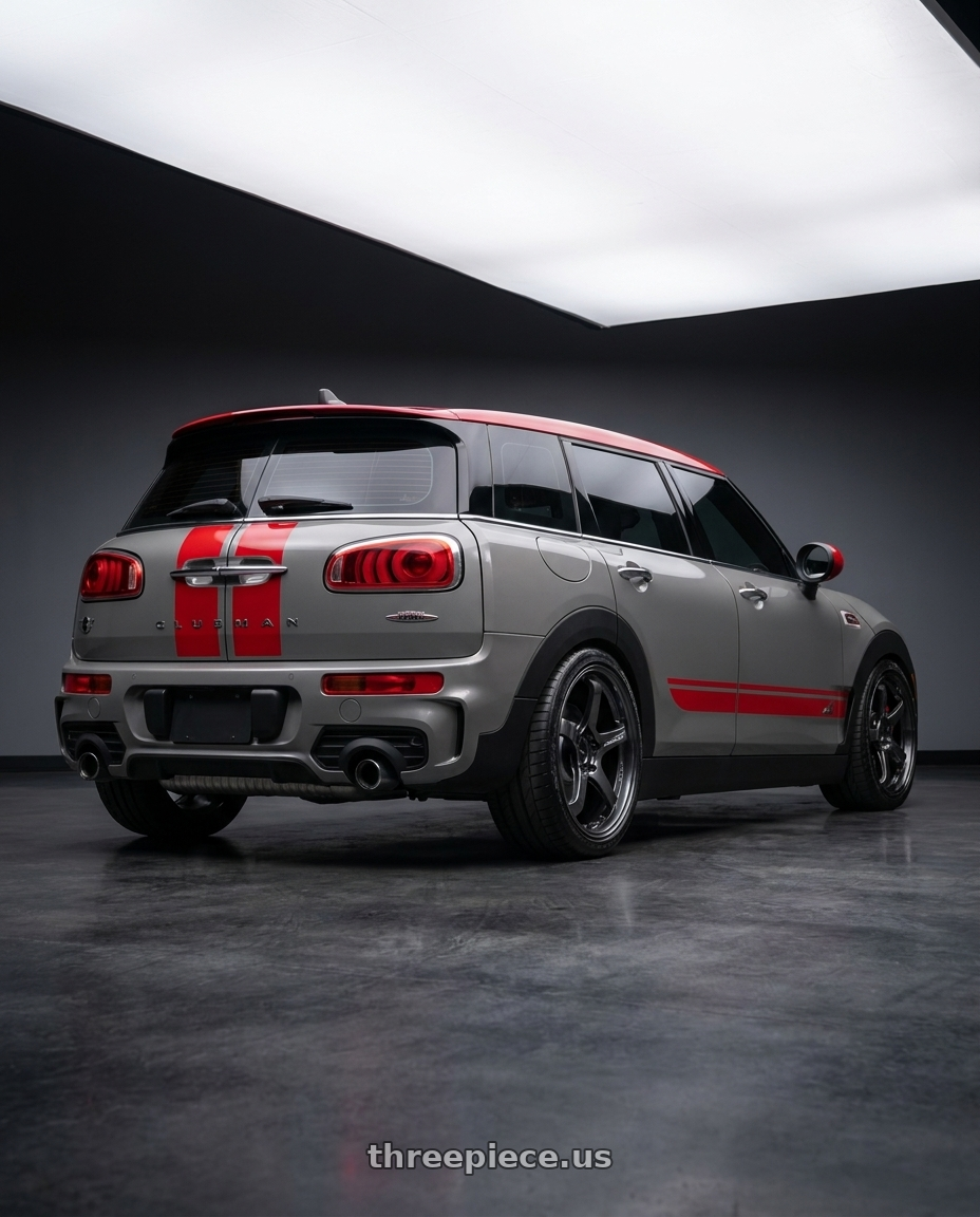 2017 MINI Clubman JCW with Advan Racing GT BEYOND 5x112 18x8.5 +45 RACING TITANIUM BLACK wheels rear three quarter view square tires